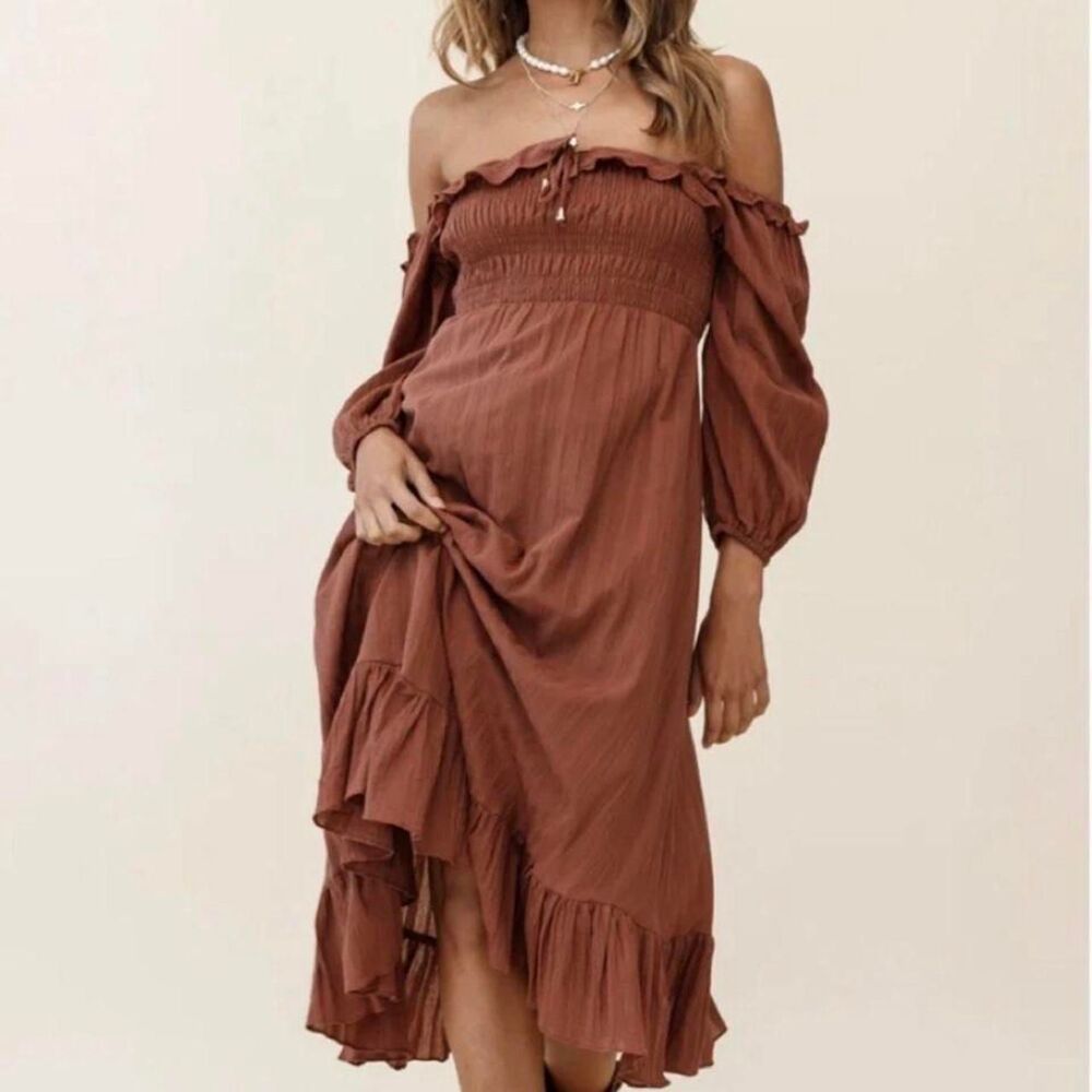 Selfie Leslie Boho Camel orange color off shoulder midi dress Sz L ( maternity o